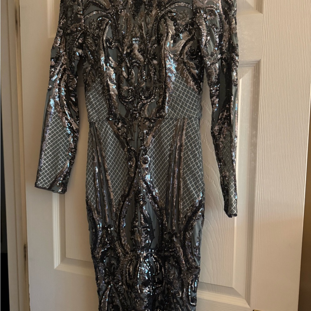 Adam Silver and Black Sequin Long Sleeve Dress